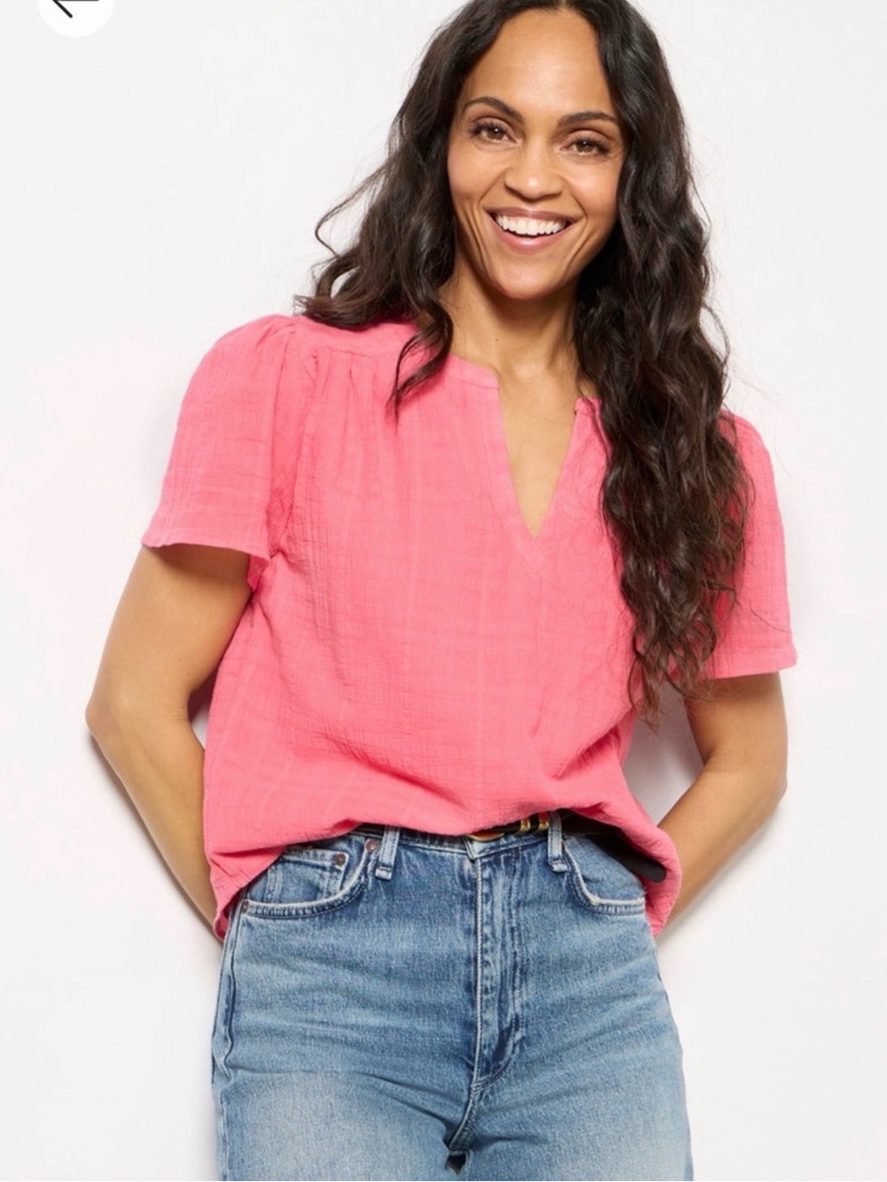 Evereve Textured Split-Neck Top in Coral Pink, Size Small